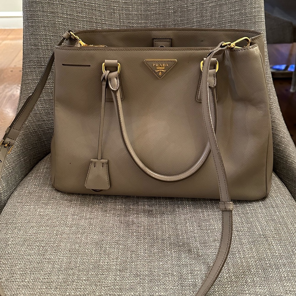Prada Taupe Saffiano Lux Leather Shopper Tote